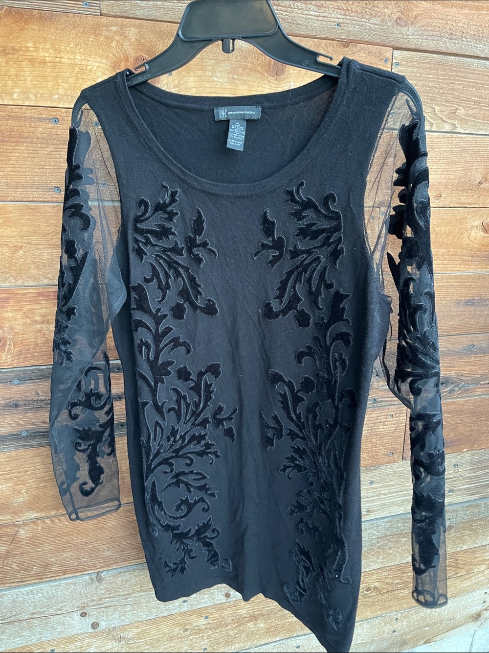INC International Concepts Black Velvet Burnout Mesh Sleeve Top - Floral Motif